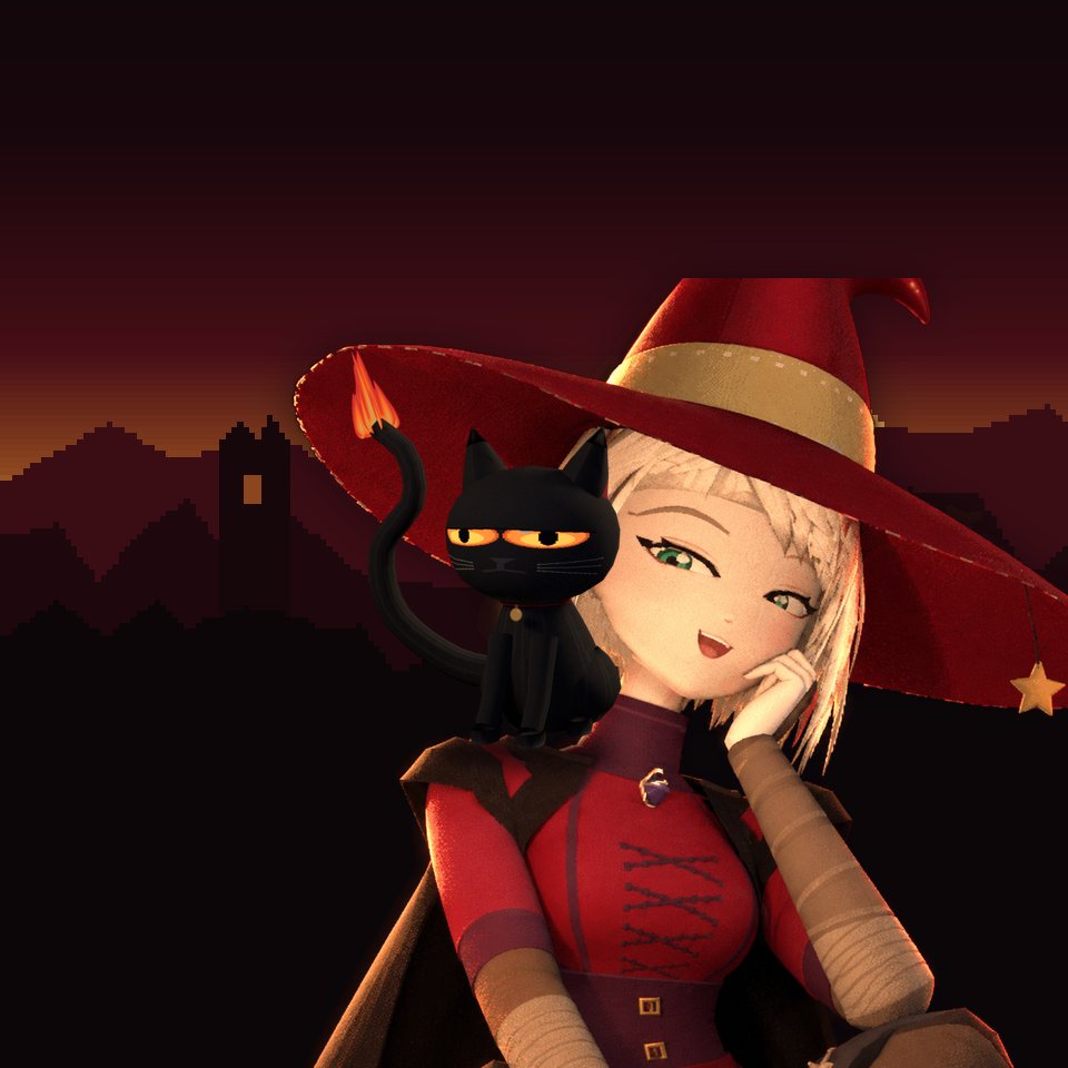 Willow, smiling in her wide crimson hat, with Wisp, the black cat with a flame-tipped tail, sitting on her shoulder at dusk near a ruined tower.