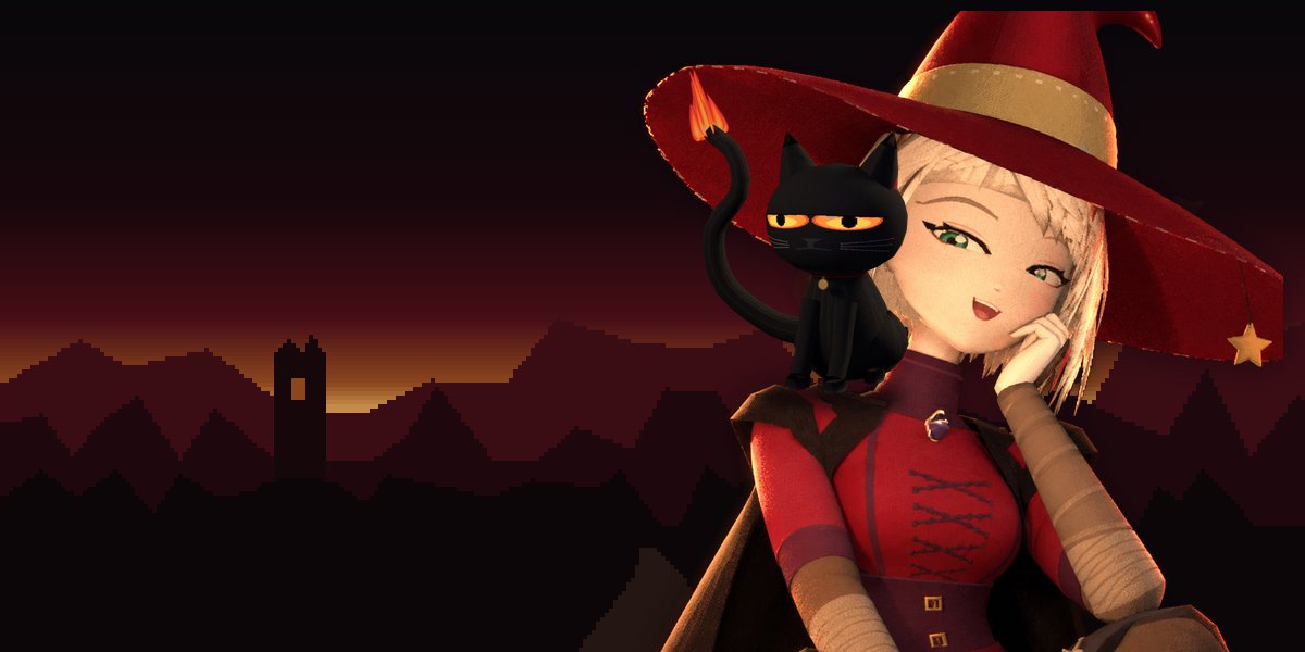 Willow, smiling in her wide crimson hat, with Wisp, the black cat with a flame-tipped tail, sitting on her shoulder at dusk near a ruined tower.